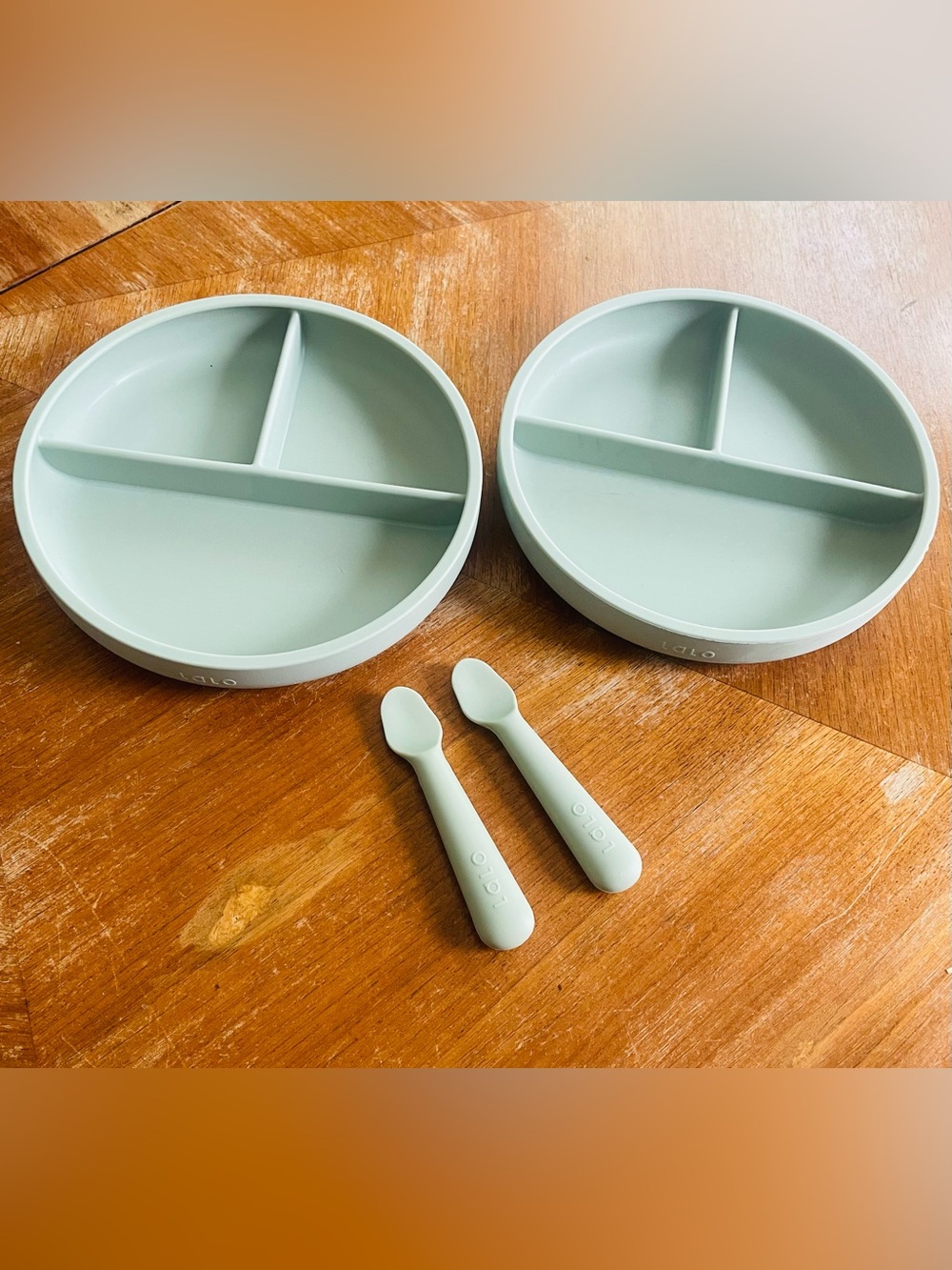 Lalo Silicone Divided Plate & Baby Spoons in Sage